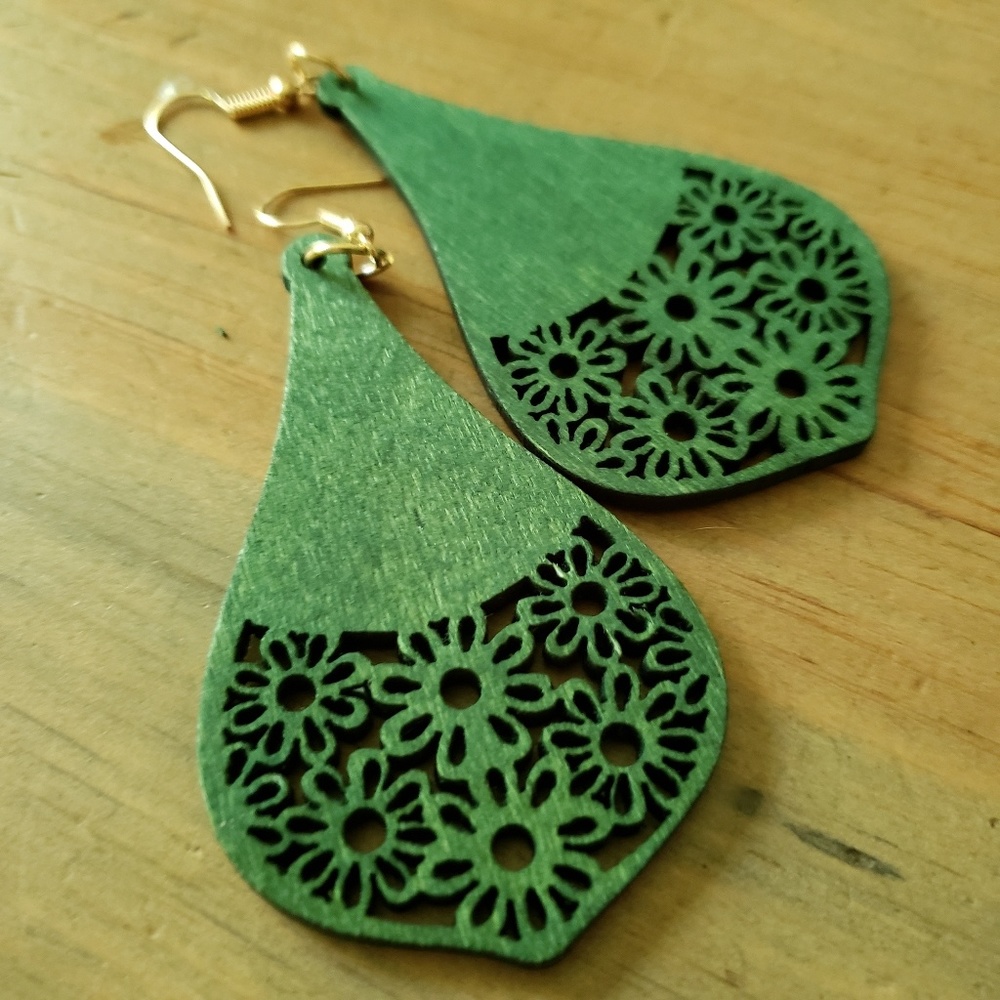 Last Pair!! Rustic Green Carved Wooden Laced Flower Boho Statement Earrings